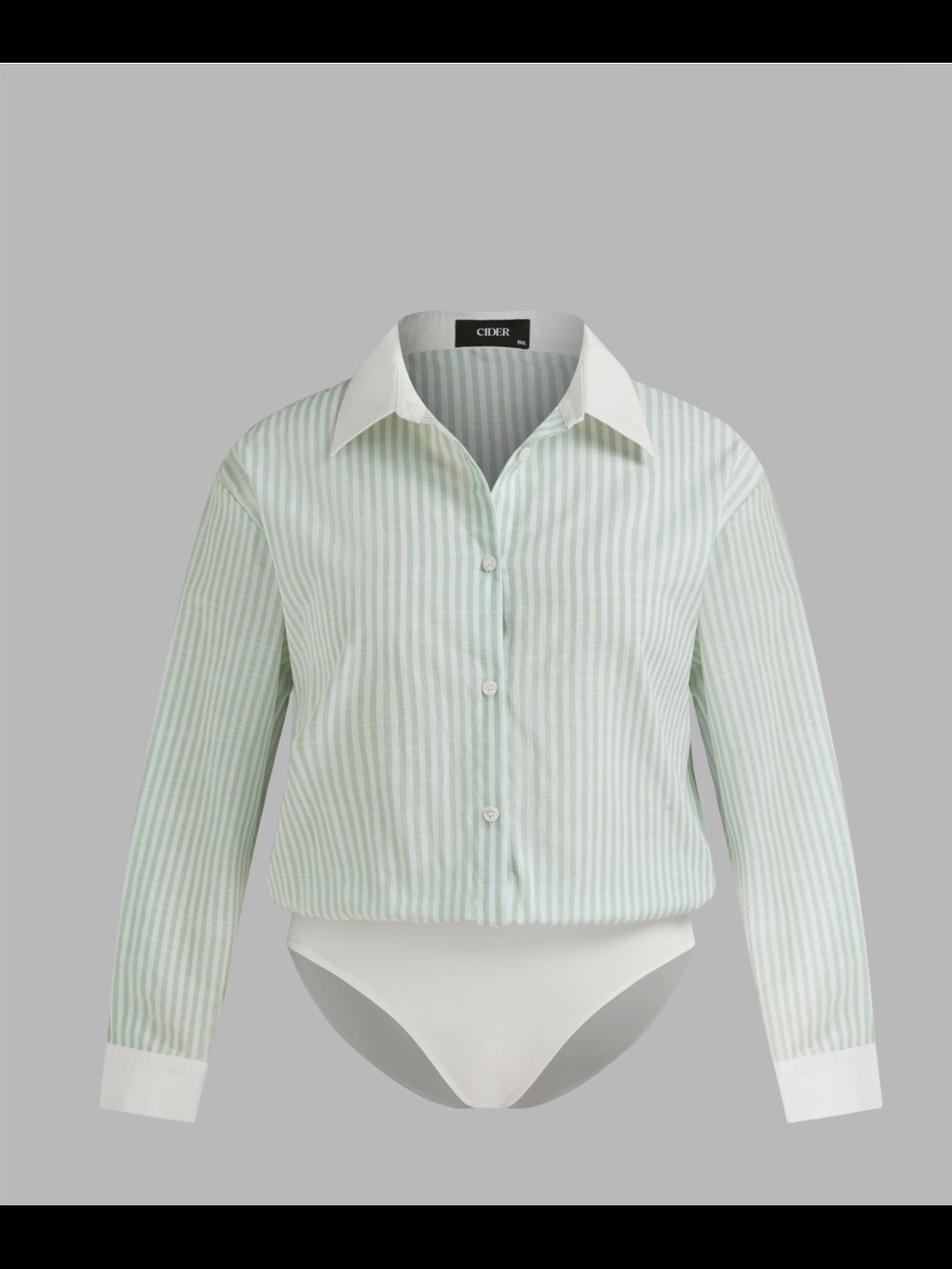 Cider Cotton-blend Collar Striped Long Sleeve Shirt Bodysuit Curve & Plus 1XL